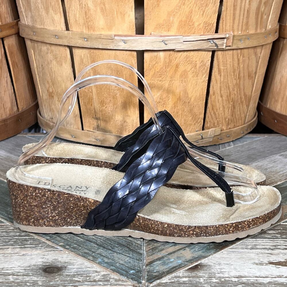Tuscany by Easy Street Bene Wedge Cork Black Leather Thong Sandals Women 10 WIDE